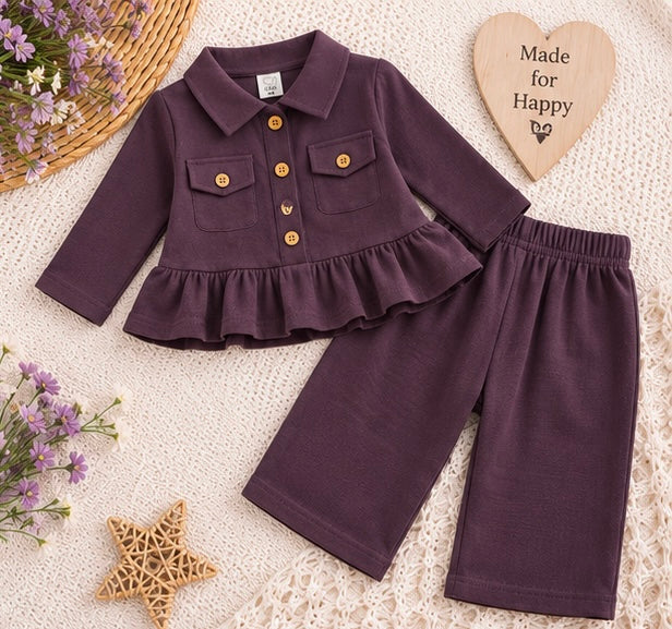 Plum Purple Button-Front 2-Piece Girls' Set