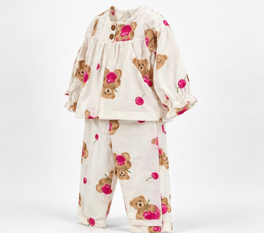 Girls Teddy & Cherry Print Baby 2-Piece Set