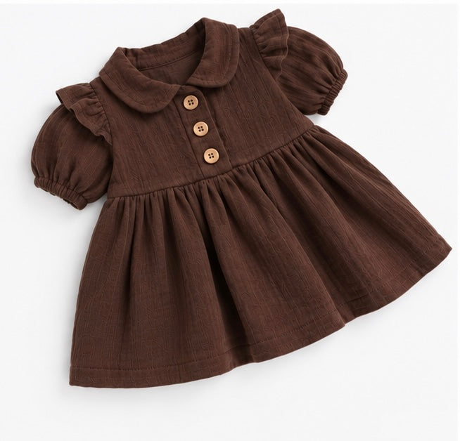 Girls Brown Ruffle Collar Puffed Sleeve Dress