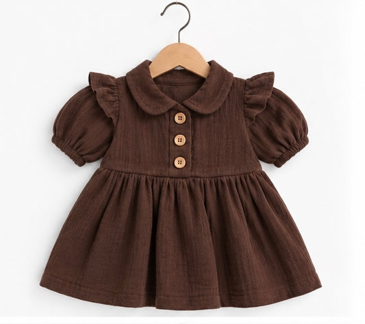 Girls Brown Ruffle Collar Puffed Sleeve Dress