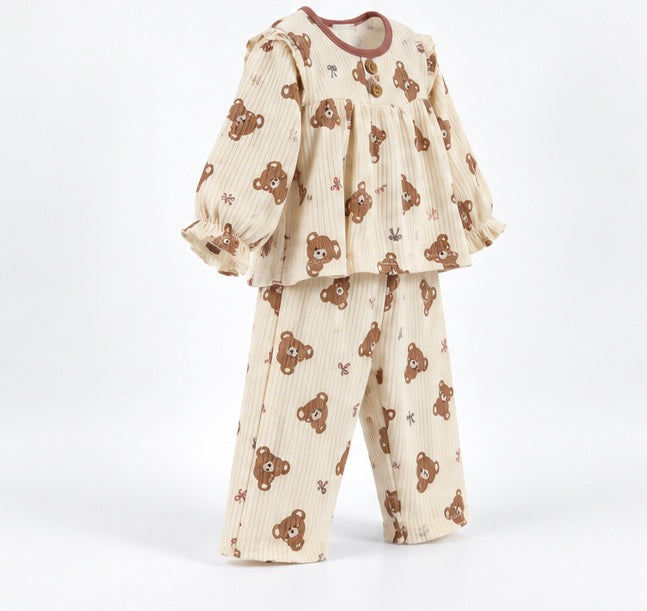 Girls Pastel Brown Teddy Print Baby 2-Piece Set