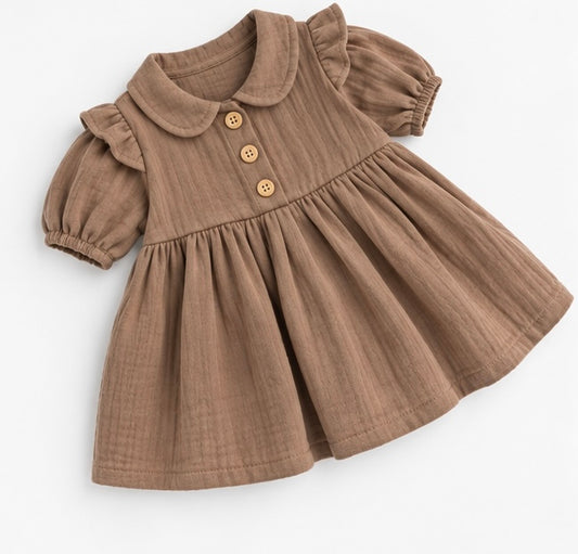 Girls Taupe Ruffle Collar Puffed Sleeve Dress