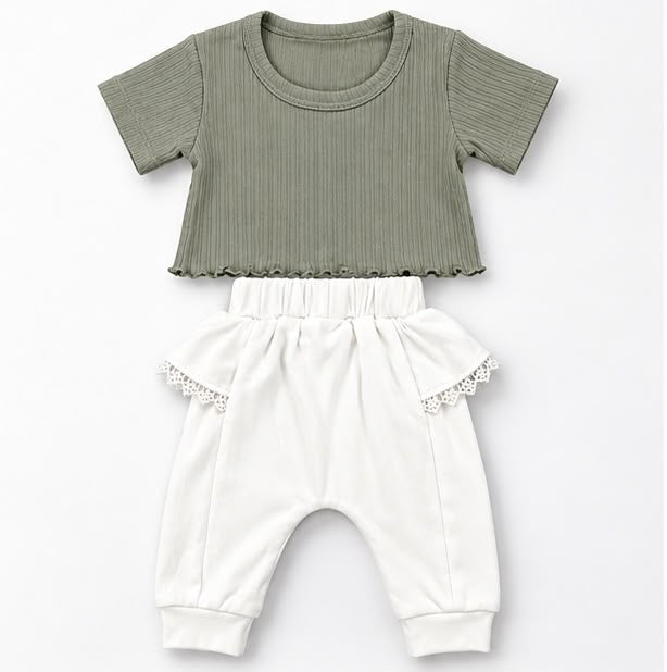 Sage Ribbed T-Shirt & Lace-Trim Joggers Set