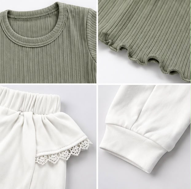 Sage Ribbed T-Shirt & Lace-Trim Joggers Set