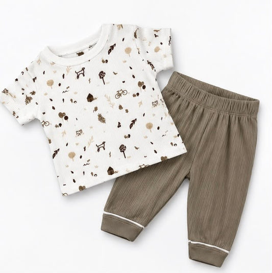 Woodland Friends Print T-Shirt & Khaki Joggers Set