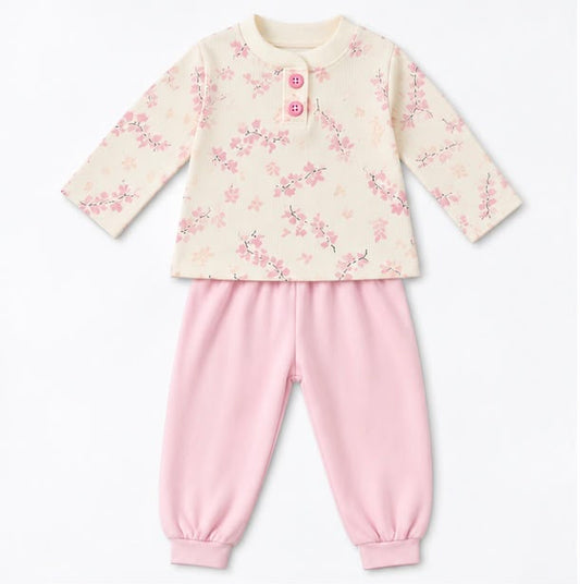 Cherry Blossom Floral Print Top & Pink Joggers Set