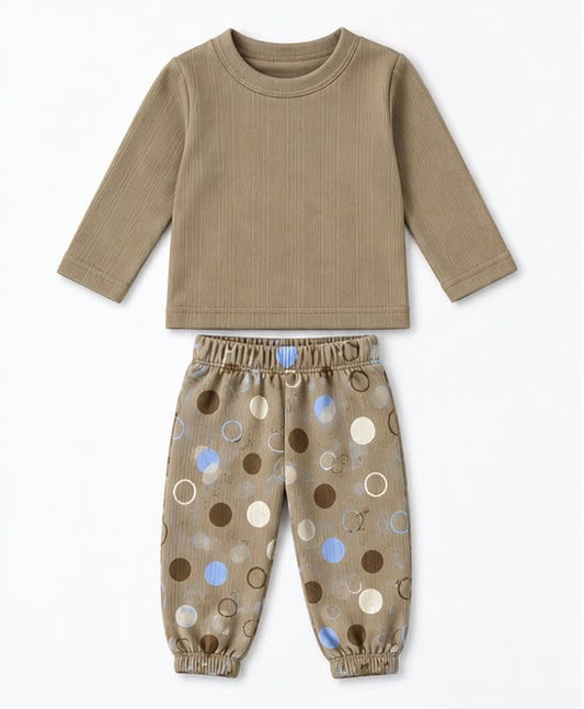 Beige Ribbed Top & Polka Dot Joggers Set