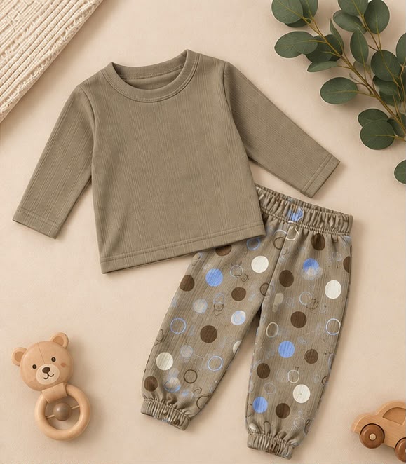 Beige Ribbed Top & Polka Dot Joggers Set