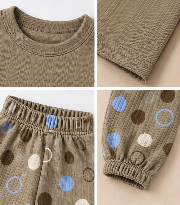 Beige Ribbed Top & Polka Dot Joggers Set