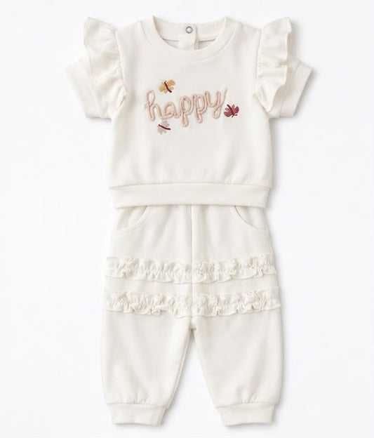 Happy Embroidered Flutter Sleeve Top & Ruffle Joggers Set