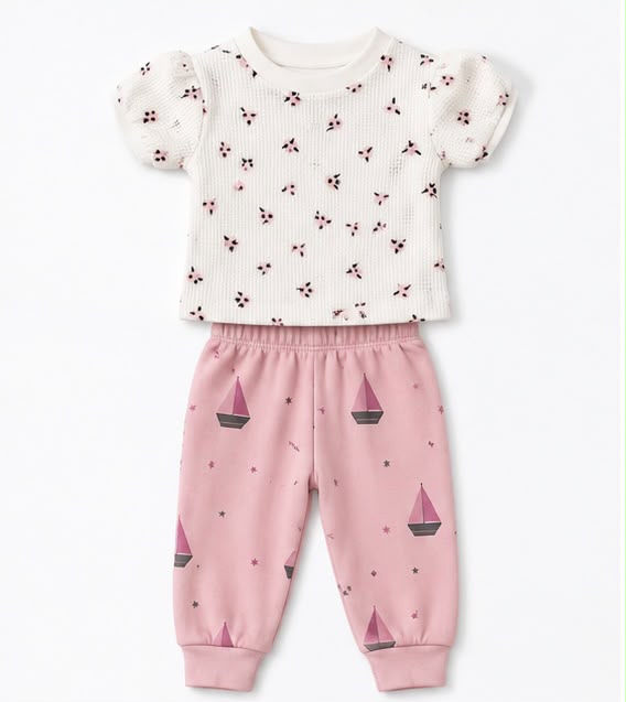 Burgundy Floral Tee & Pink Sailboat Pants Set