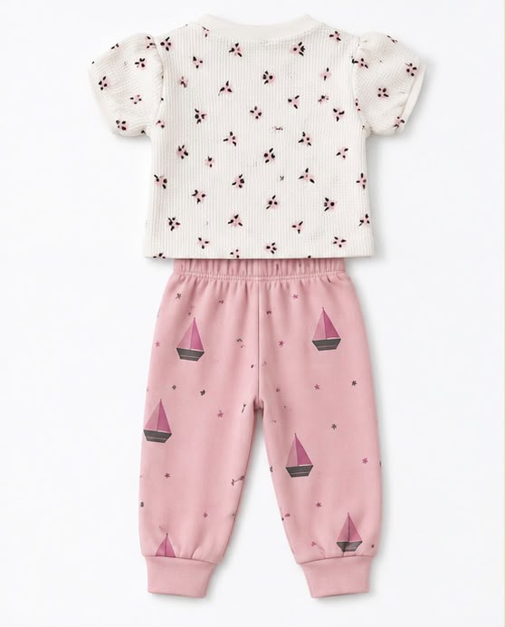 Burgundy Floral Tee & Pink Sailboat Pants Set