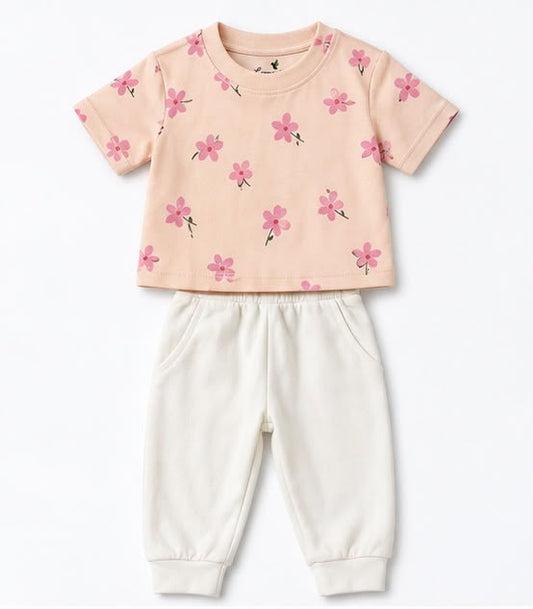 Pink Floral Print Tee & Cream Joggers Set