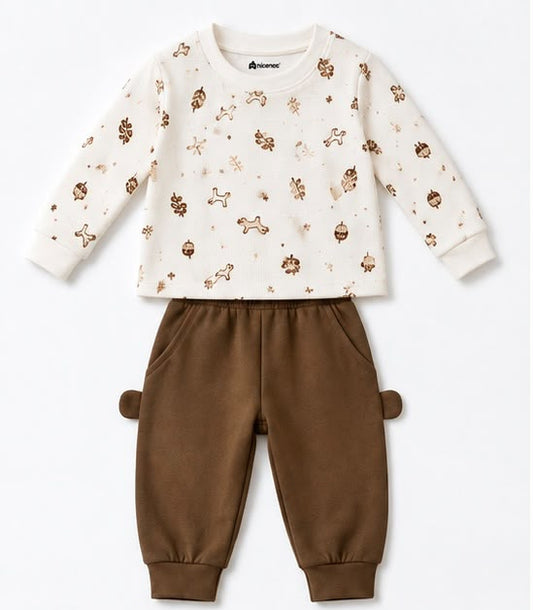 Nature Woodland Print Sweatshirt & Brown Bubble Pants Set