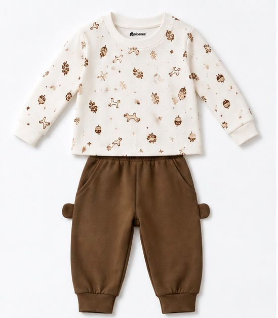 Nature Woodland Print Sweatshirt & Brown Bubble Pants Set