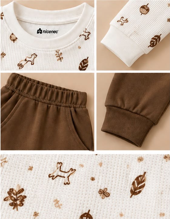 Nature Woodland Print Sweatshirt & Brown Bubble Pants Set