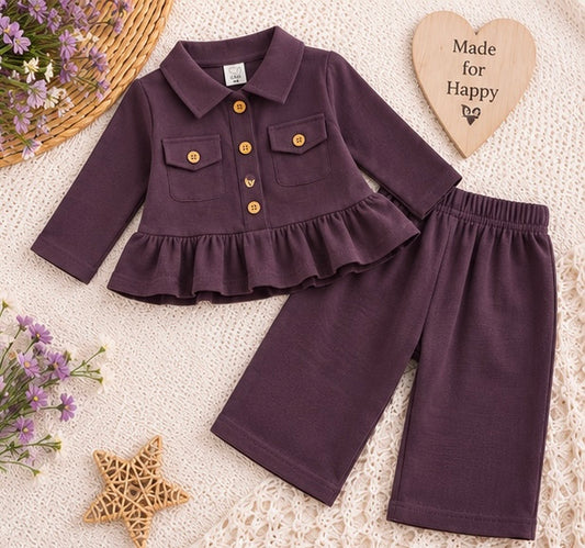 Plum Purple Button-Front 2-Piece Girls' Set