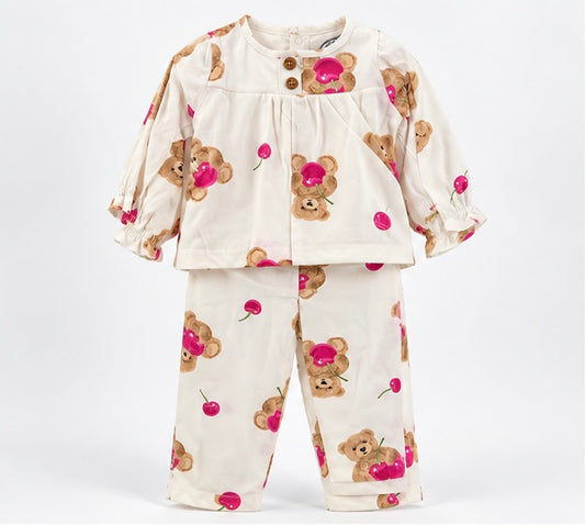 Girls Teddy & Cherry Print Baby 2-Piece Set