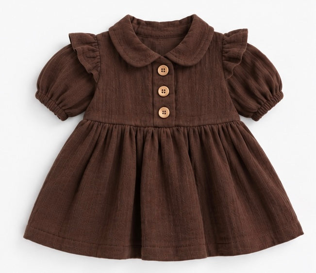 Girls Brown Ruffle Collar Puffed Sleeve Dress