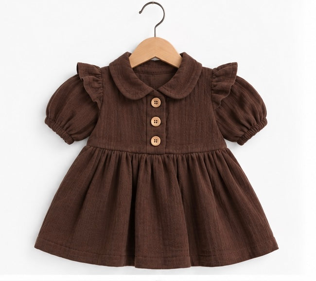 Girls Brown Ruffle Collar Puffed Sleeve Dress
