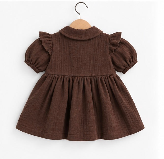 Girls Brown Ruffle Collar Puffed Sleeve Dress