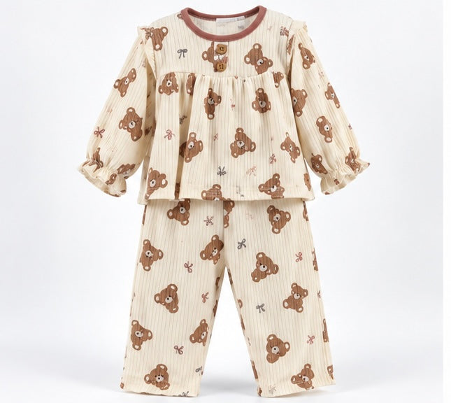 Girls Pastel Brown Teddy Print Baby 2-Piece Set