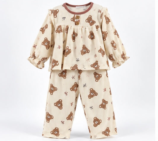 Girls Pastel Brown Teddy Print Baby 2-Piece Set