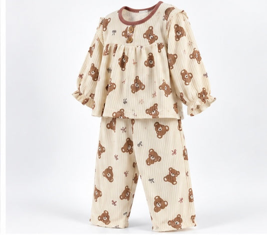Girls Pastel Brown Teddy Print Baby 2-Piece Set
