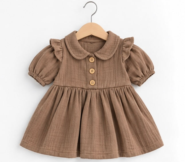 Girls Taupe Ruffle Collar Puffed Sleeve Dress