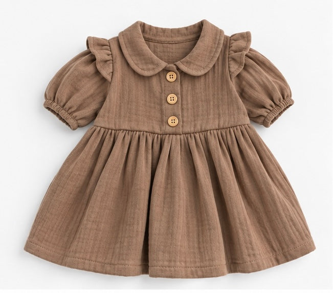 Girls Taupe Ruffle Collar Puffed Sleeve Dress