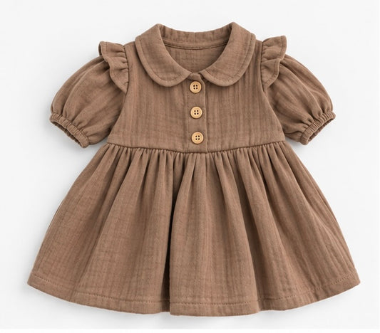 Girls Taupe Ruffle Collar Puffed Sleeve Dress