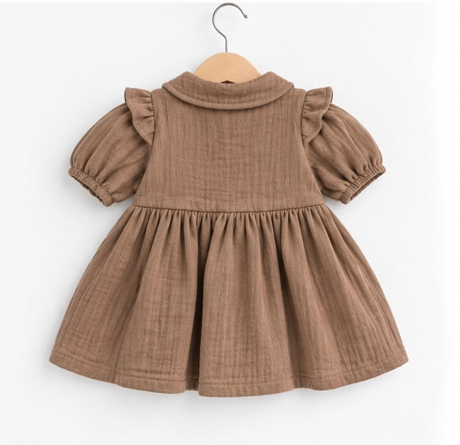 Girls Taupe Ruffle Collar Puffed Sleeve Dress