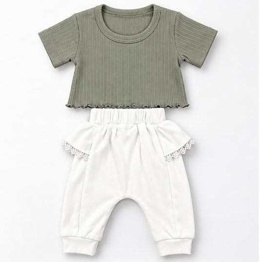 Sage Ribbed T-Shirt & Lace-Trim Joggers Set