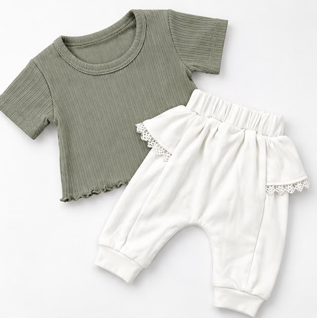 Sage Ribbed T-Shirt & Lace-Trim Joggers Set