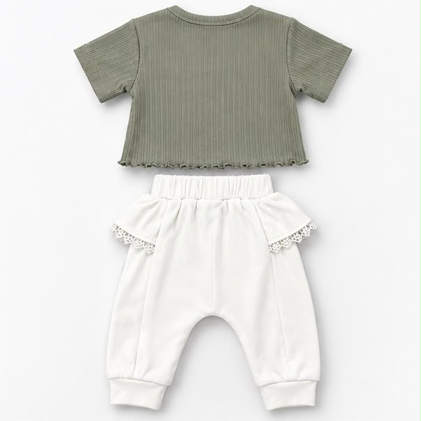 Sage Ribbed T-Shirt & Lace-Trim Joggers Set