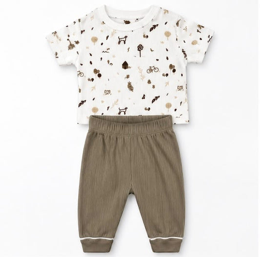 Woodland Friends Print T-Shirt & Khaki Joggers Set