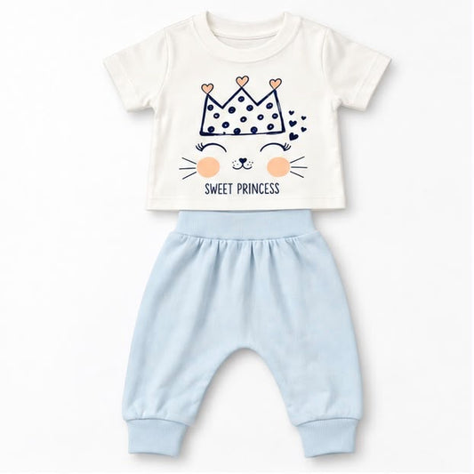 Sweet Princess Crown & Cat Face T-Shirt & Blue Joggers Set