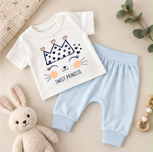 Sweet Princess Crown & Cat Face T-Shirt & Blue Joggers Set