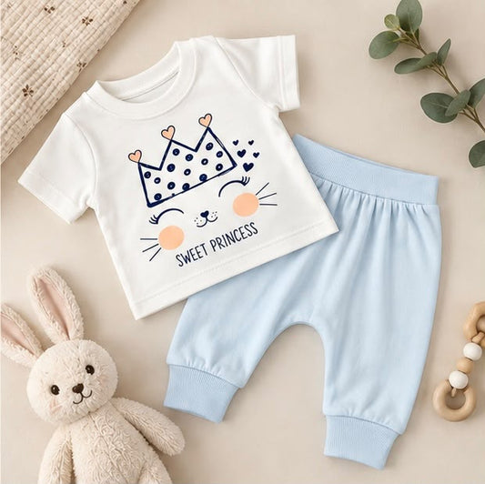 Sweet Princess Crown & Cat Face T-Shirt & Blue Joggers Set