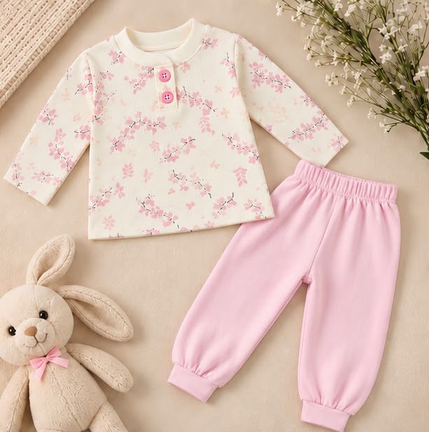 Cherry Blossom Floral Print Top & Pink Joggers Set