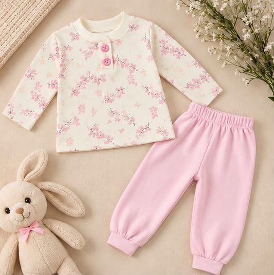 Cherry Blossom Floral Print Top & Pink Joggers Set