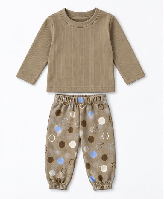 Beige Ribbed Top & Polka Dot Joggers Set
