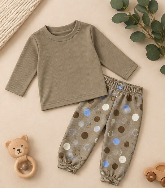 Beige Ribbed Top & Polka Dot Joggers Set