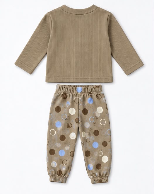 Beige Ribbed Top & Polka Dot Joggers Set