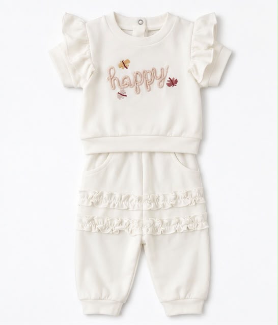 Happy Embroidered Flutter Sleeve Top & Ruffle Joggers Set