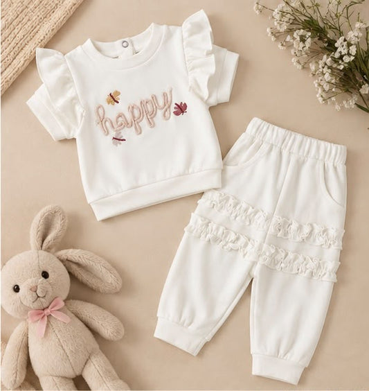 Happy Embroidered Flutter Sleeve Top & Ruffle Joggers Set