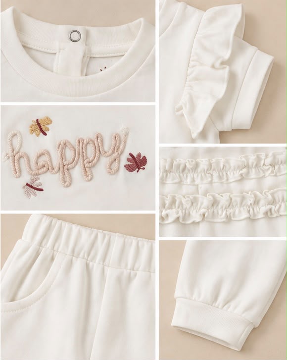 Happy Embroidered Flutter Sleeve Top & Ruffle Joggers Set