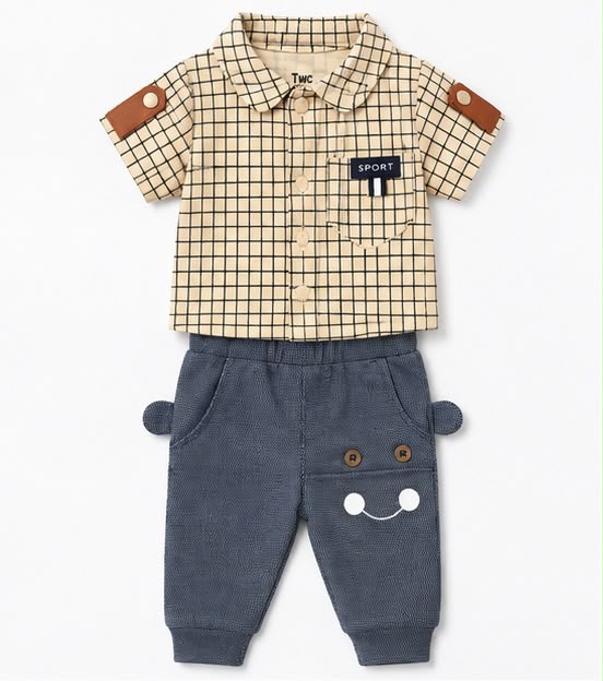 Grid Plaid Sport Shirt & Smiley Face Navy Pants Set