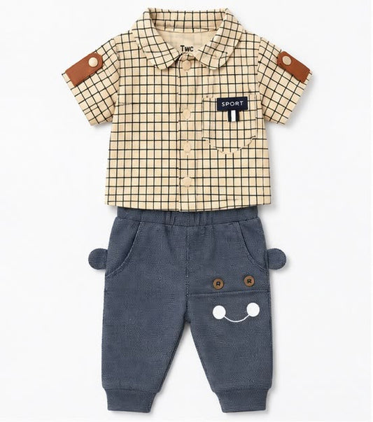Grid Plaid Sport Shirt & Smiley Face Navy Pants Set
