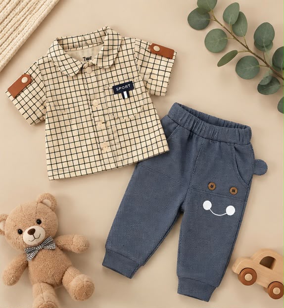 Grid Plaid Sport Shirt & Smiley Face Navy Pants Set